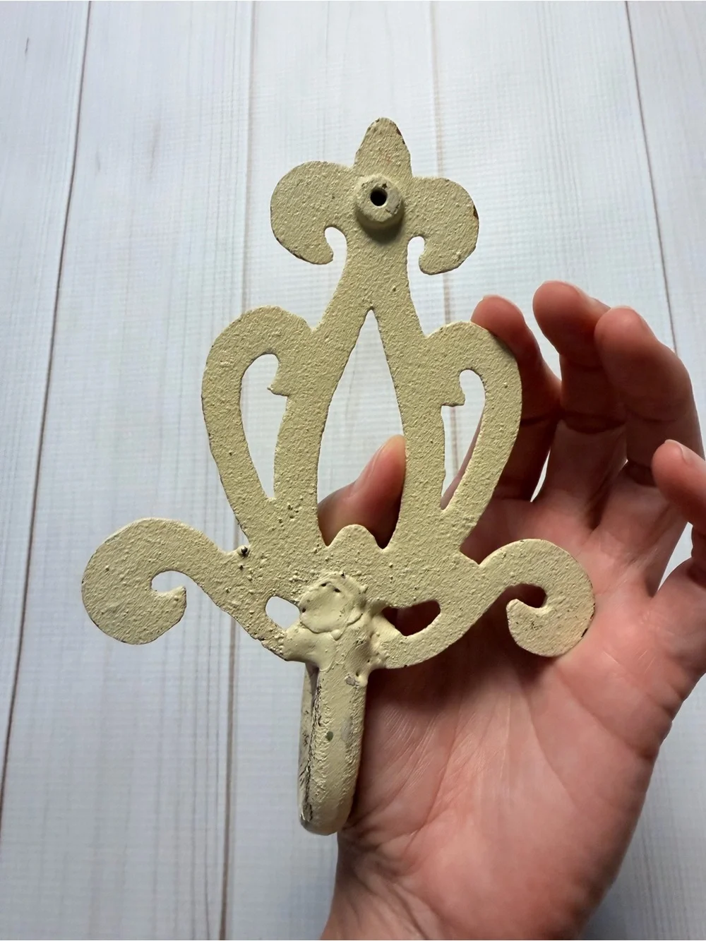 Distressed Cream Cast Iron Scroll Wall Hook French Country Shabby Chic